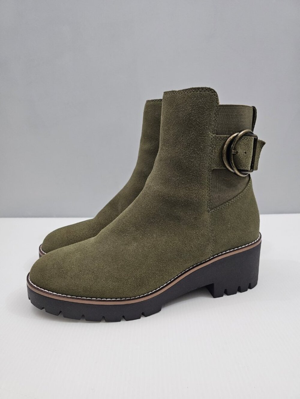Blondo Dakota Moto Ankle Boot Womens 8.5 Olive Green Suede Waterproof Lug Sole